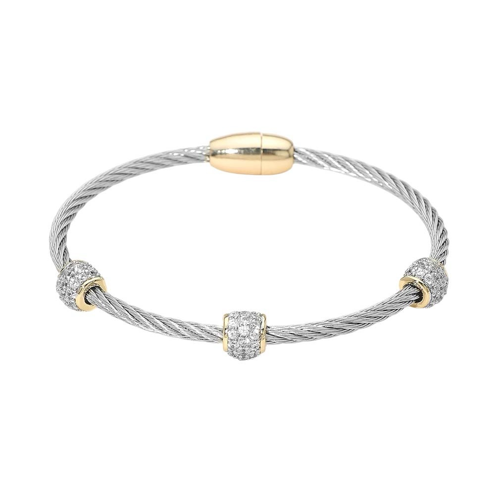 14K Gold Plated Three Stations of Pave CZ Bracelet w/ magnetic closure